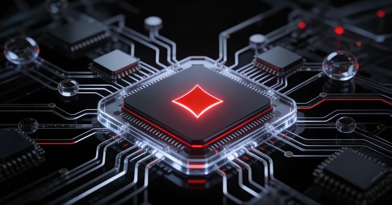 Close-up of a circuit board and microchip with a glowing red diamond at its centre, symbolising technology solutions