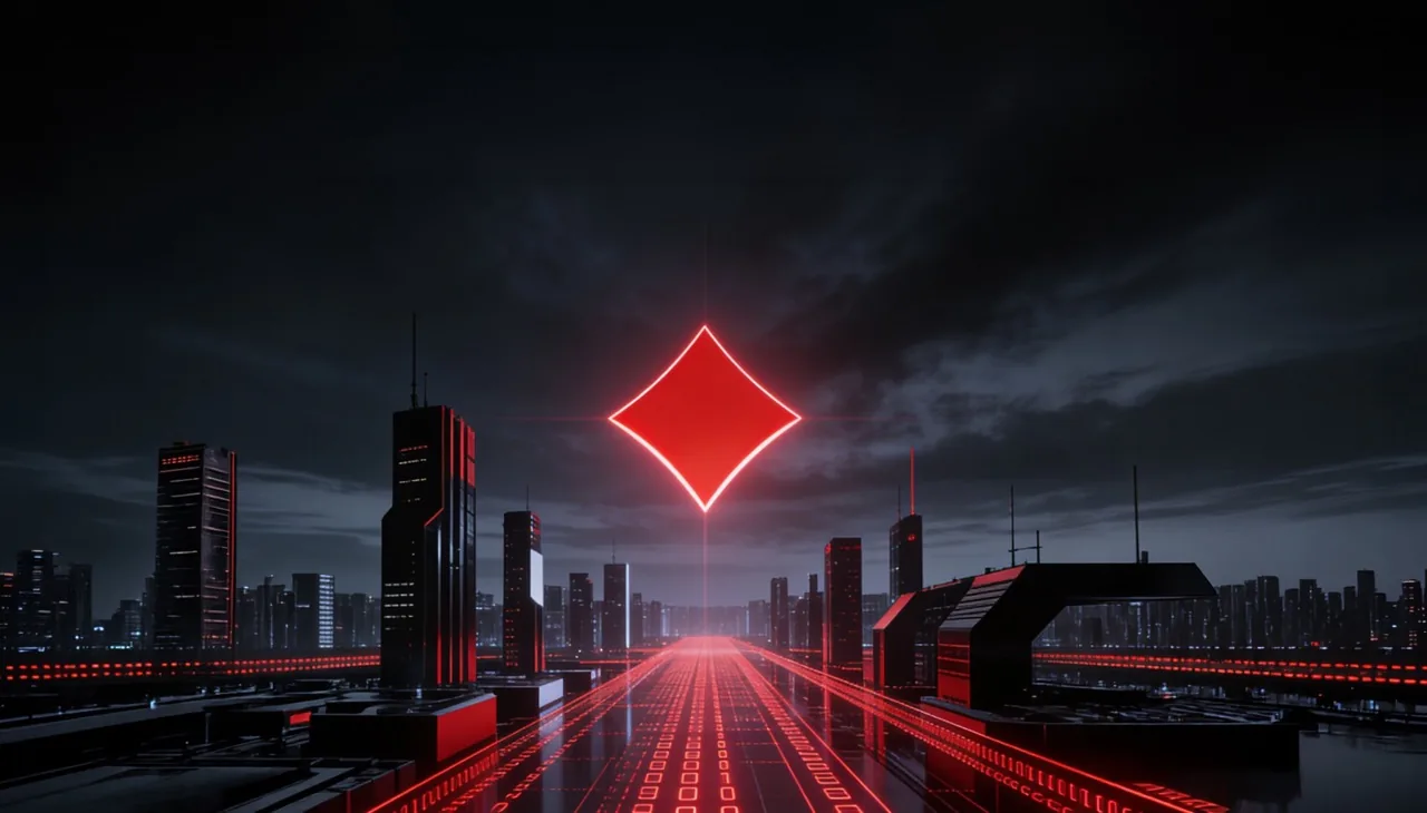 Futuristic city skyline with red data streams and a glowing red diamond, symbolising digital solutions