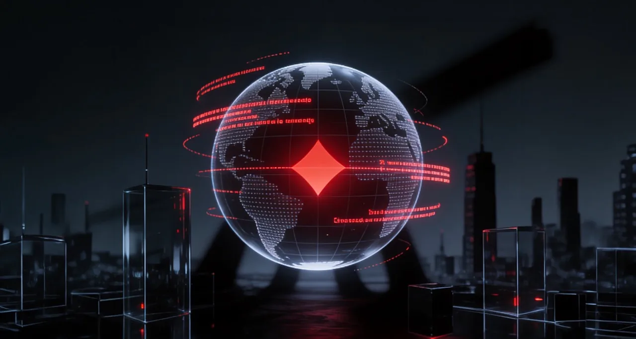 Holographic globe wrapped in orbiting streams of red data with the red Tarjamaa diamond at its centre, symbolising translation and language solutions